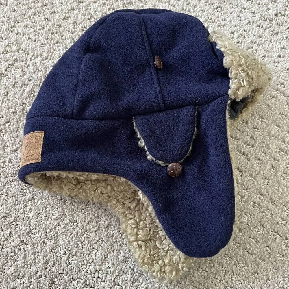 Baby Gap Boys Blue Fleece Trapper Winter Hat Sz S/M Faux Fur Ear Flaps Cap Warm